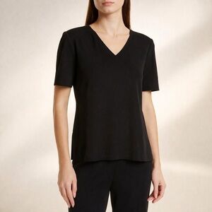 Exclusively Misook Black V-neck Padded Short Sleeve Knit Tunic Top Size L Career